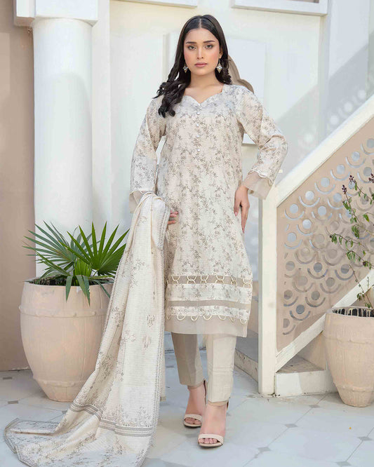 Soft Mocha - Lawn printed shirt with printed dupatta