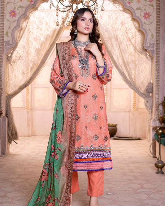 Vivid Tangerine Embroidered Bana Dora Lawn 3pc